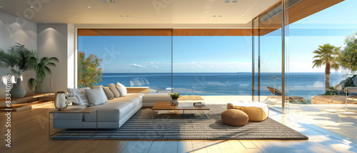 Elegant beachfront living room with minimalist interior, large windows, ocean view, 3D mockup for ads © Starkreal