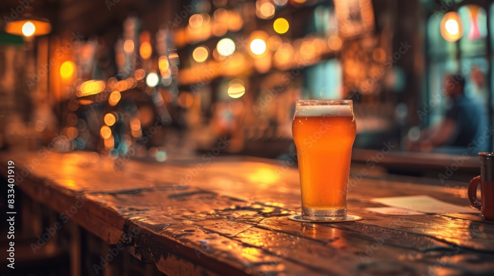 A Pint of Beer on Bar Counter, Blurred Pub Interior Background, Ideal for Nightlife Themes
