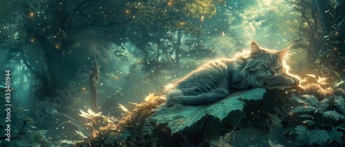 A majestic wolf rests peacefully in a mystical forest.