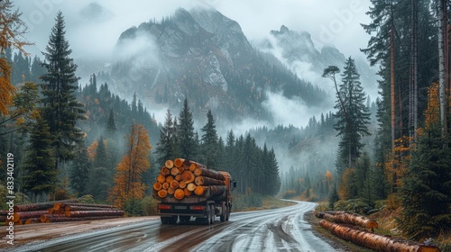 In the forest, a truck heavy with logs showcases the logging and the preparatory steps towards export. photo
