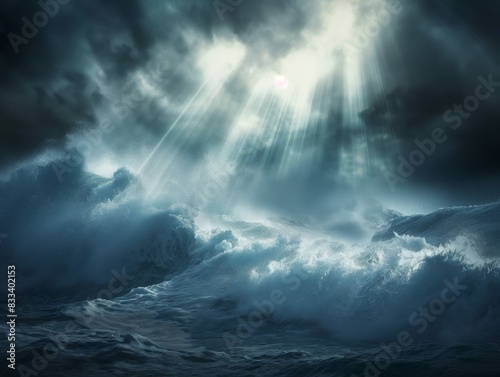 Dramatic ocean waves crash under dark stormy clouds, with rays of sunlight piercing through, creating a mystical atmosphere