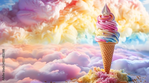 Embark on a Flavorful Journey to the Summit, Where Ice Cream Meets Rainbow Majesty, Generated with AI photo