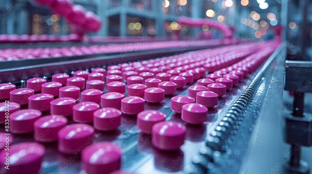 Fototapeta premium Pharmaceutical Production Line For Pink Pills in Factory Setting
