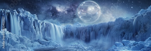 Starlit sovereign of the ancient sky atop frozen waterfalls background, ai generated photo