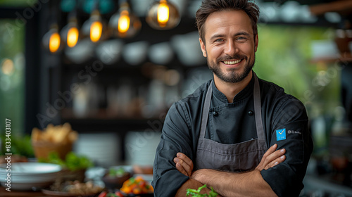 Portrait of chef cook in uniform with prepaired delicious dish at the restaurant kitchen photo