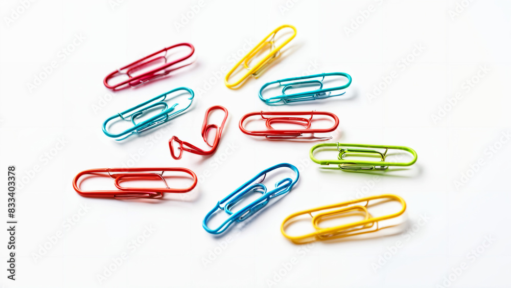 Set of various colorful paperclips isolated on white background, top view Set of various colorful paperclips isolated on white background, top view