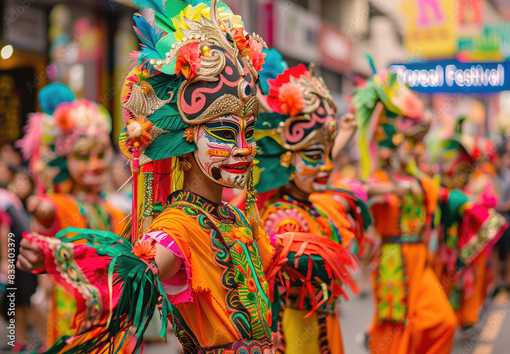 A group of traditional Filipino dancers in colorful costumes and masks performing at the 