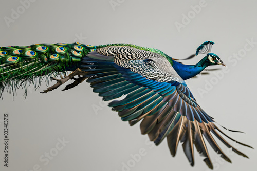 colorful peacock flying towards the camera in the shape of an S-curve, talons spread, wings spread open, long peacock feathers photo