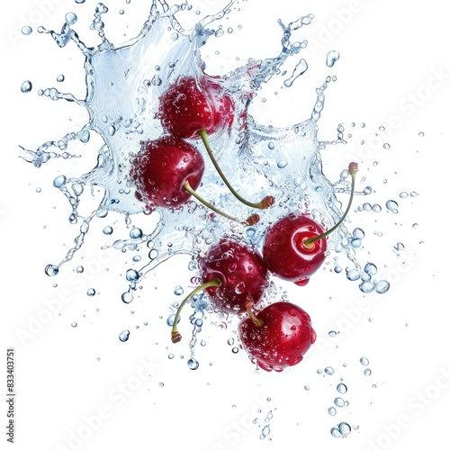 Cherries and water splash isolated on white background 