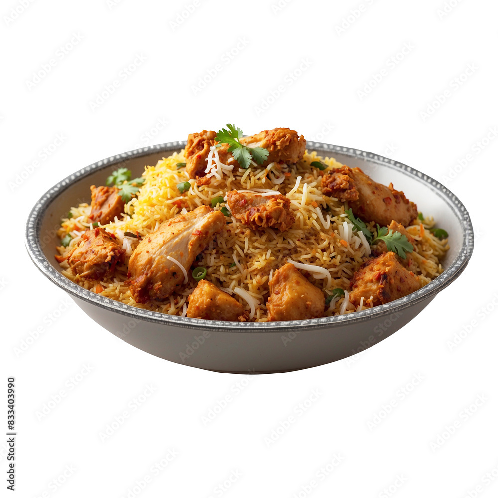A Hot Delicious bowl of biryani with chicken pieces isolated on a transparent background png. Beautiful view of traditional spicy indian food, Iftar meal, Ramadan dinner.