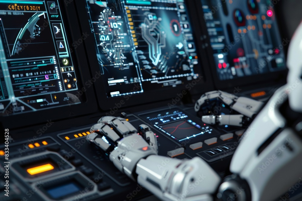 Fototapeta premium A control panel filled with advanced technology controlled by robots.