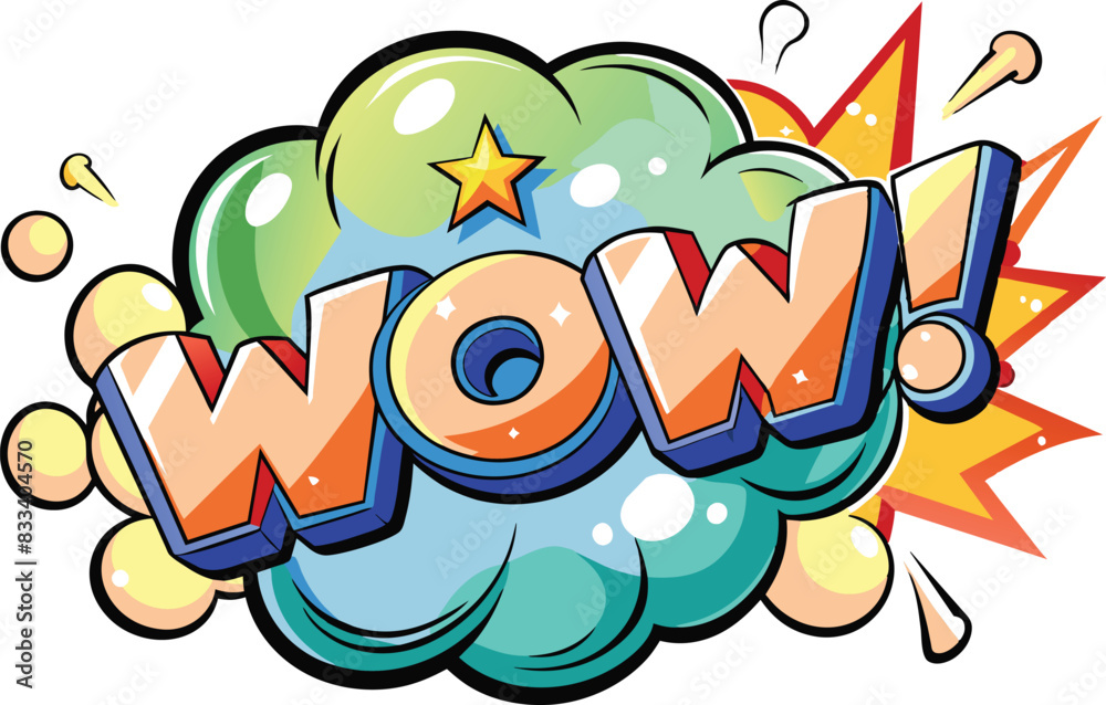 Obraz premium Word WOW! inside explosive cloud in comic style, flat illustration, vector illustration.
