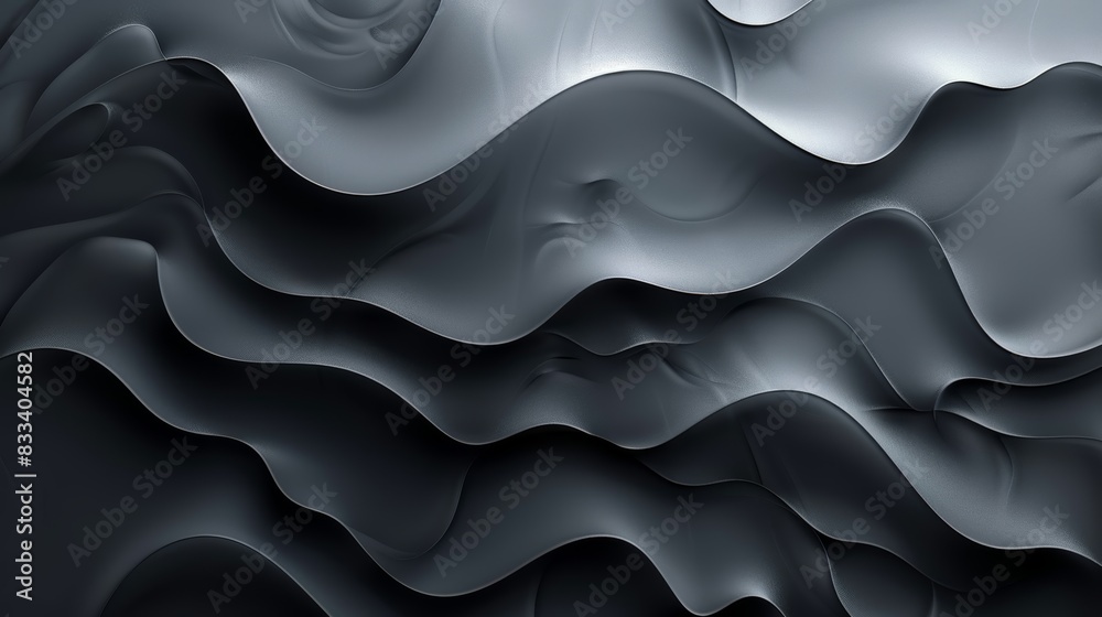 Obraz premium Abstract 3D rendering of wavy, layered textures in shades of black and gray, creating a surreal, modern, and artistic visual experience.