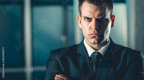 Serious young man in a suit looking at the camera with a professional tone in a corporate environment. © Felippe Lopes