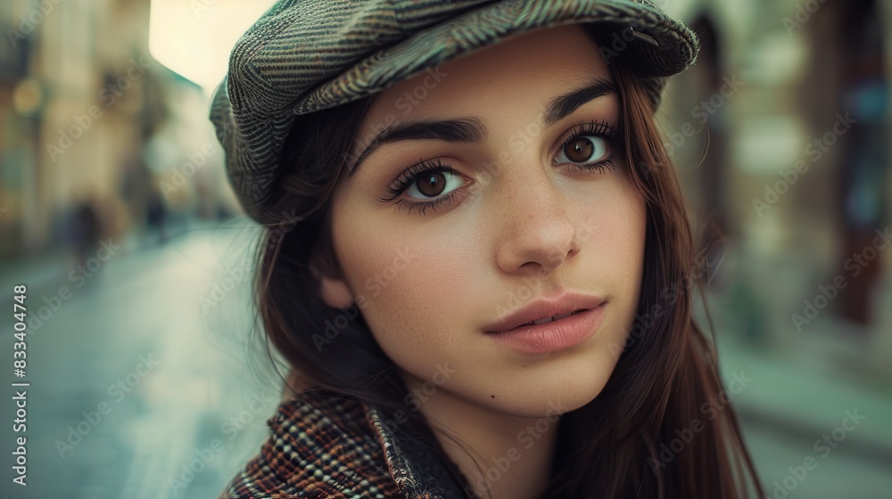 Young woman with wool cap on European street. Stylish woman in classic attire on European background.