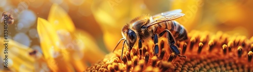 A close-up of a bee collecting nectar from a vibrant orange sunflower under a warm sunlight background  representing nature and pollination.