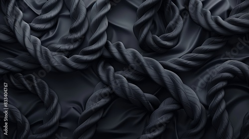A close-up image of numerous dark intertwined ropes creating a textured, abstract pattern. The ropes are coiled and twisted together. photo