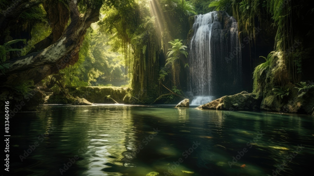 Photograph of a hidden waterfall tucked away in a tranquil forest grove, its crystal-clear waters shimmering in the sunlight Photograph of a hidden waterfall tucked away in a tranquil forest grove, its crystal-clear waters shimmering in the sunlight