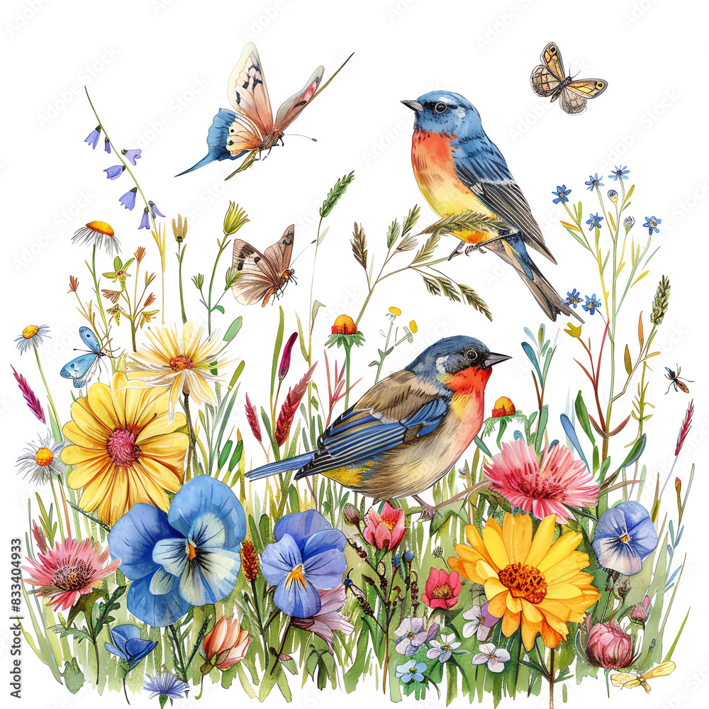 Obraz premium A beautiful watercolor painting of a garden with flowers and birds. The perfect gift for any occasion.