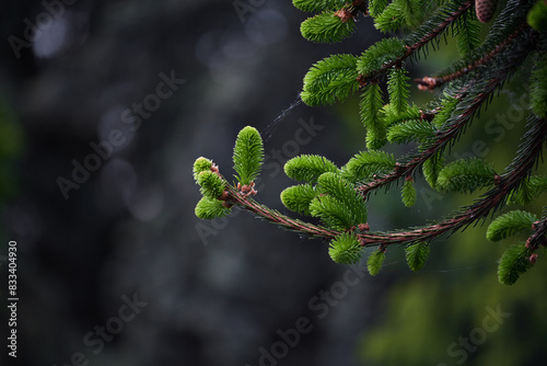 Close-up of young branches of the Picea rubens Sarg. on a dark background. Spring foliage and seed cones of an evergreen red spruce tree in the park photo