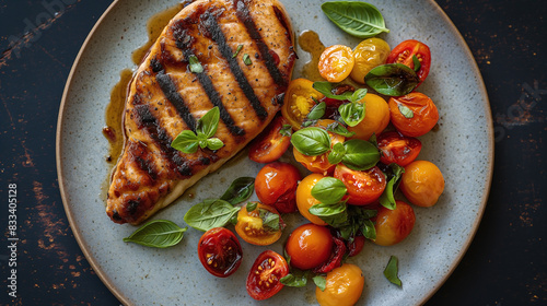 Top-down photograph of a beautifully plated chicken steak accompanied by a fresh tomato salad photo