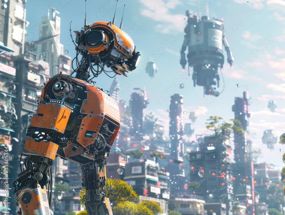 A futuristic city where robots and advanced AI are seamlessly integrated into daily life. A futuristic city where robots and advanced AI are seamlessly integrated into daily life.