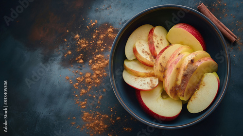 Top-down photograph of an apple and cinnamon salad bowl against a dark background.  photo