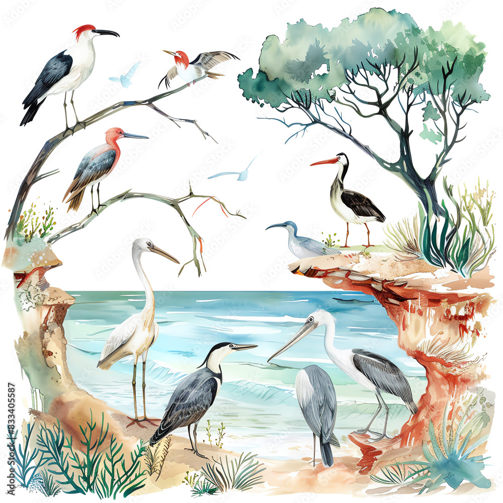 Obraz premium A group of birds standing on a branch near the water.