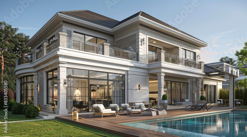 A large modern house with two floors, windows and glass doors on the side of an elegant terrace overlooking pool. There is also wooden deck furniture in front of it. The roof design has stylish gable  photo