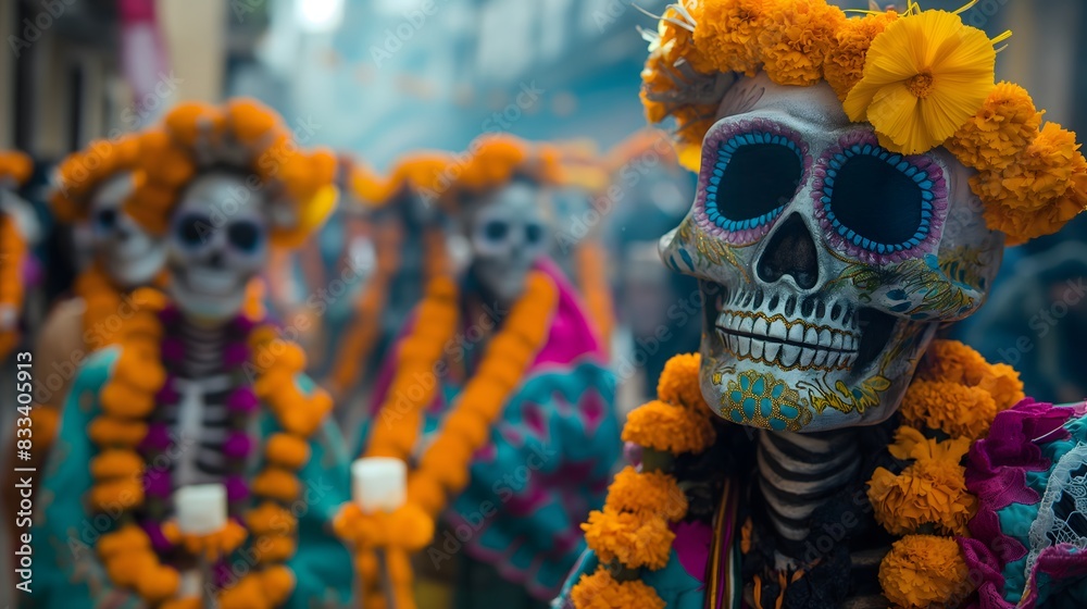 1. A colorful procession of skeletal figures parading through the streets during the Mexican Ghost Festival, adorned with marigolds and candles