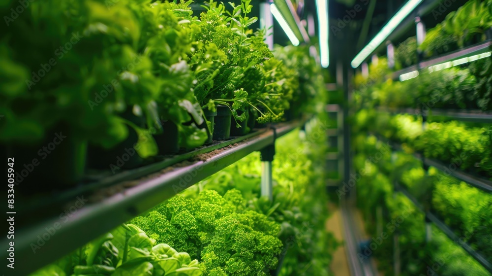 Mass production of green vegetables in a controlled environment on a modern vertical farm. Automated room with controlled levels of air temperature, light, water and humidity for optimal growth Mass production of green vegetables in a controlled environment on a modern vertical farm. Automated room with controlled levels of air temperature, light, water and humidity for optimal growth