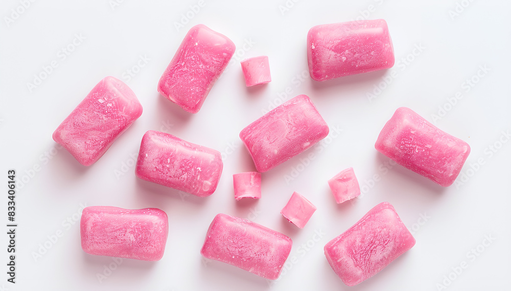 Tasty pink chewing gums on white background, top view Tasty pink chewing gums on white background, top view