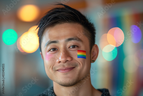 A close-up portrait of an asian person with an LGBTQ+ pride flag painted on their cheek, smiling confidently at the camera photo