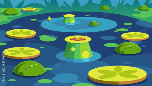 Clusters of lily pads float on the surface of the cooling pond oblivious to the radioactive waste stored below.. Vector illustration