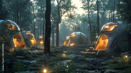 advanced camping gear in a futuristic forest, drones assisting with setup, holographic entertainment, eco-friendly technology, twilight setting, Generated with AI photo