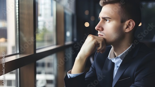Pensive young businessman in a suit looking out the window  contemplating future opportunities and strategies in a modern office setting.