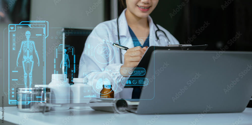 Fototapeta premium Medicine doctor woman working with modern digital tablet computer and smartphone interface as medical network concept.