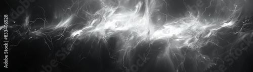 Abstract black and white fractal pattern, ethereal and dynamic light waves creating a mystical, otherworldly visual impact.