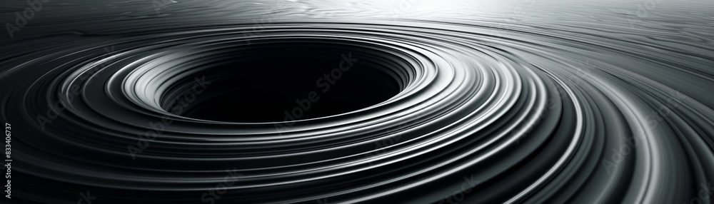 Abstract black and white image of swirling circular patterns resembling a vortex or a black hole creating a sense of depth and motion. Abstract black and white image of swirling circular patterns resembling a vortex or a black hole creating a sense of depth and motion.