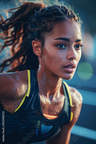 Close-up of a determined female athlete covered in sweat, focused on the action during a race © mitrovix