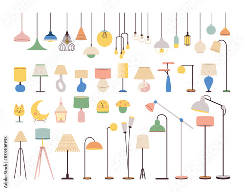 Set of lamps. Flat vector nightlights, floor lamp, chandeliers ceiling lamp, and lamp for table. Different interior light furniture for modern home decor. Flat vector illustration isolated on white
