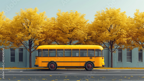 A yellow school bus stands outside among the golden fall trees