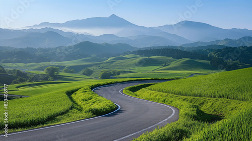 A stunning photograph of a winding road in Hokkaido, Japan. The road snakes through a picturesque landscape, 
