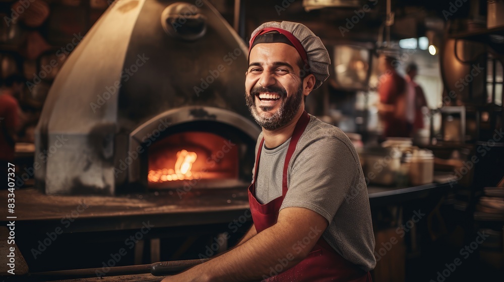 Pizza maker, restaurant chef takes pizza out of the oven, from an oven with real fire in a traditional restaurant. Pizza maker, restaurant chef takes pizza out of the oven, from an oven with real fire in a traditional restaurant.
