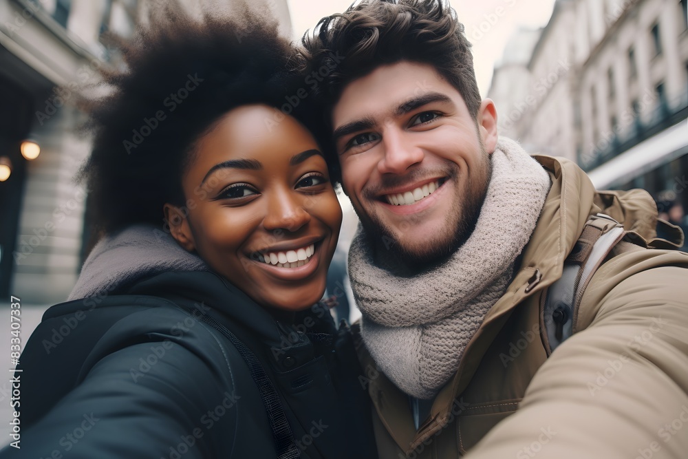 A happy couple taking a selfie together, smiling in outdoor urban settings A happy couple taking a selfie together, smiling in outdoor urban settings