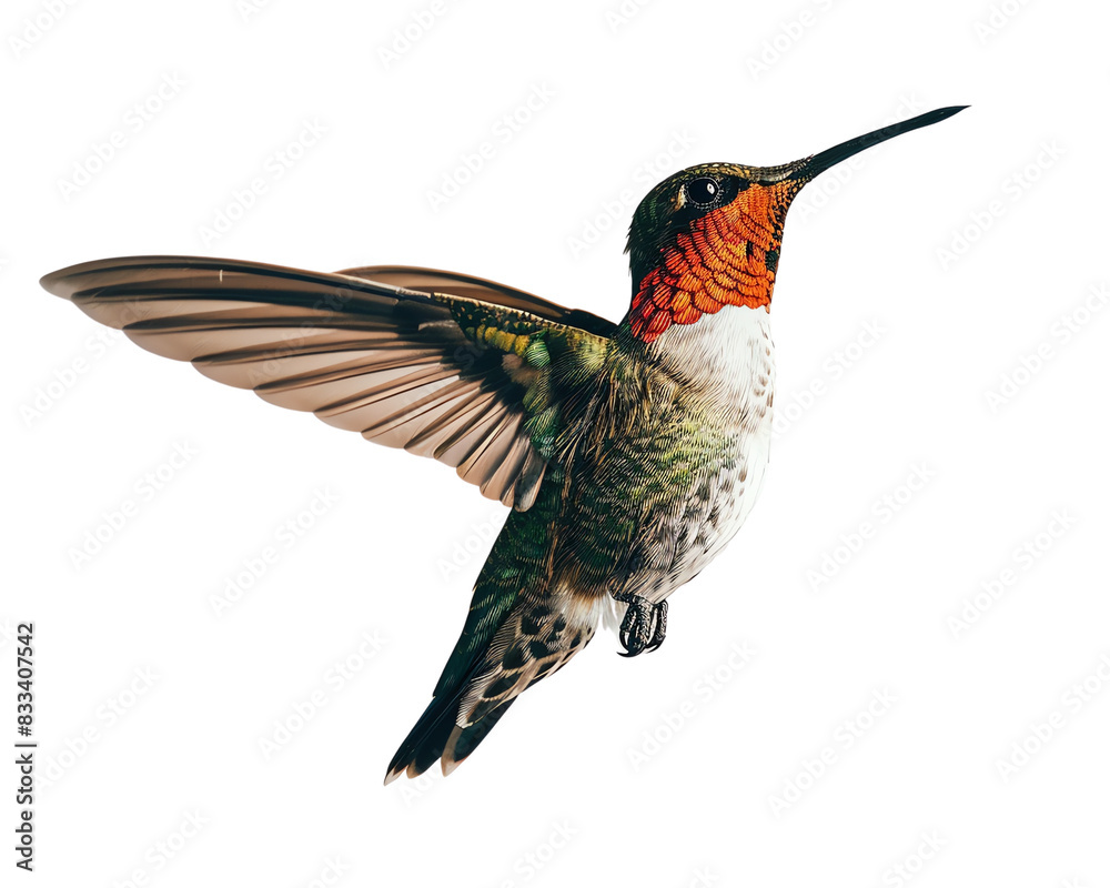 Fototapeta premium A ruby-throated hummingbird hovers in mid-air, its long, thin beak outstretched