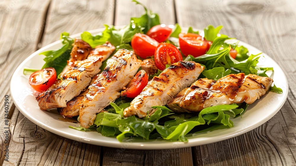 Grilled chicken salad with cherry tomatoes and lettuce on a white plate. Side view food photography. Healthy eating and fresh ingredients concept for design and print. Grilled chicken salad with cherry tomatoes and lettuce on a white plate. Side view food photography. Healthy eating and fresh ingredients concept for design and print.