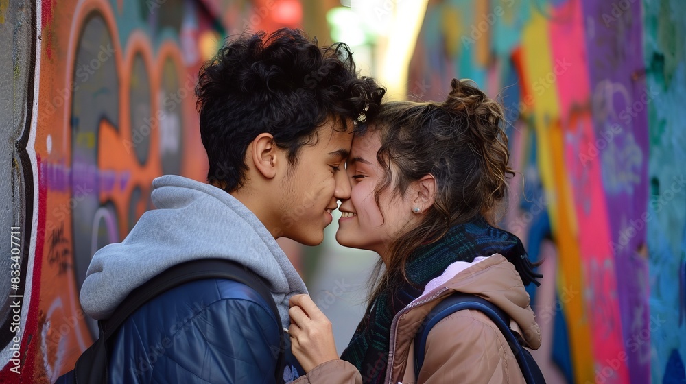 A man and a woman are kissing in a graffiti covered alley