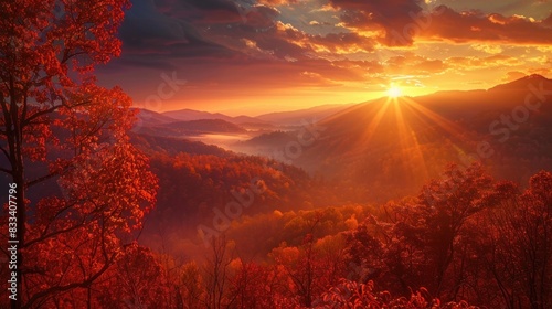 A breathtaking autumn sunrise showcasing warm colors and serene landscape views