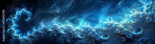 Abstract blue fractal pattern with wisps of smoke-like shapes against a dark background, depicting an ethereal and dynamic digital art design.